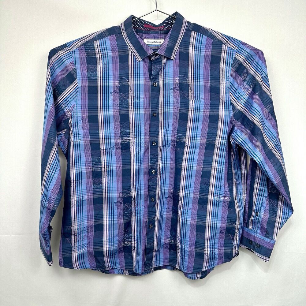Tommy Bahama Stripped Paisley Casual Blue/Purple Cotton/Silk Button Down XL